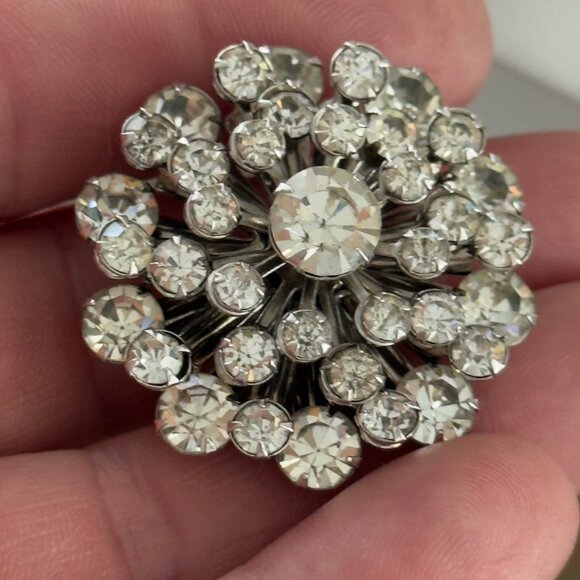 Vintage Rhinestone Clear Dome Tiered Brooch Pin Silver-Tone Round Crystal - Picture 6 of 11